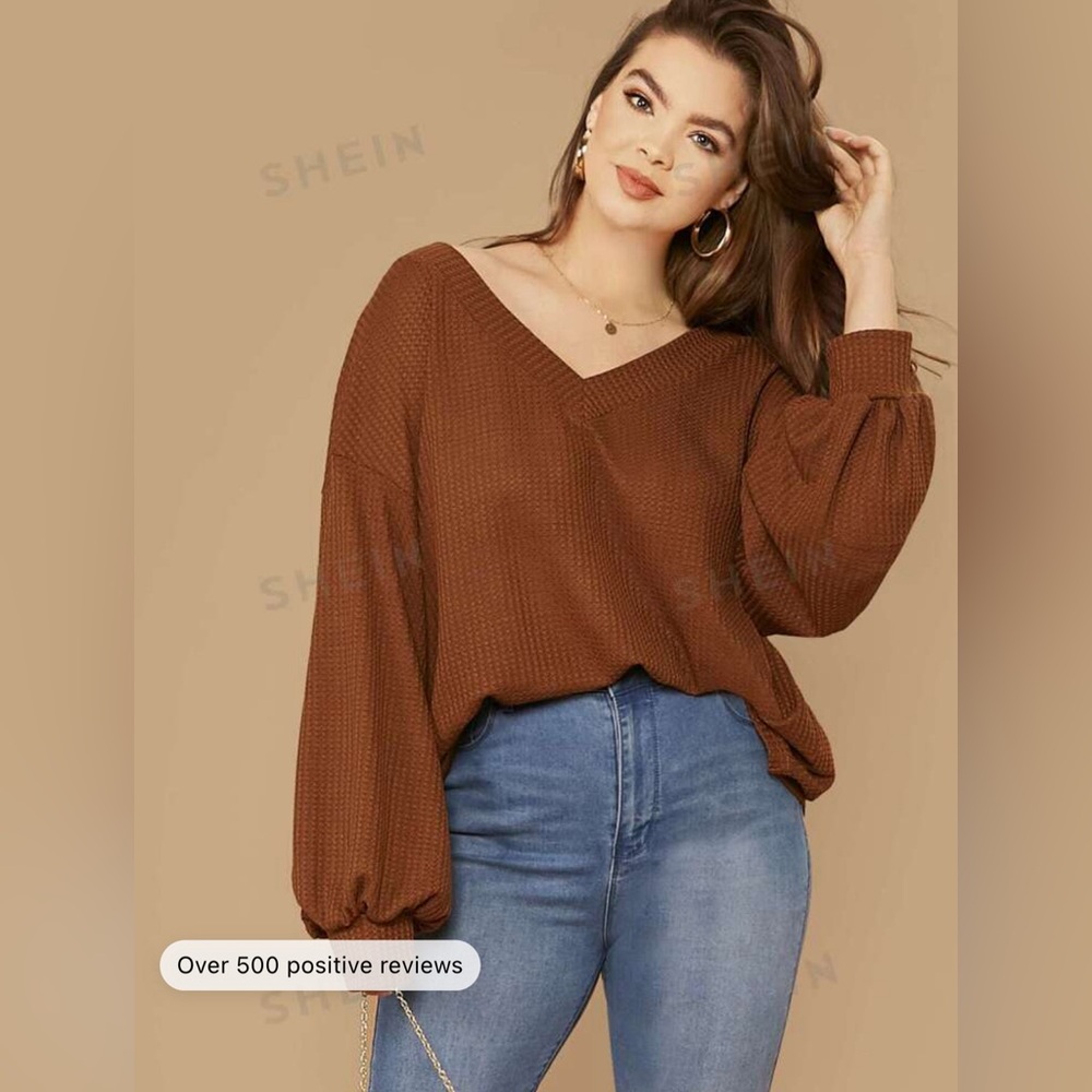 🔥Shein drop-shoulder lantern-sleeve waffle knit top